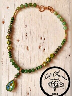 Green Parrot Jade & Czech Picasso Beads And Pearl W/ Swarovski Pendant Necklace